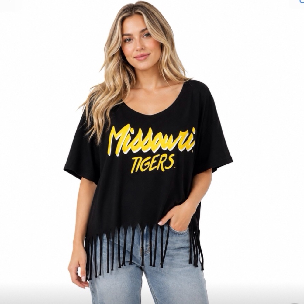 Missouri Tigers Womens Poncho Shirt Short Sleeve Fringe Tassels Black OSFM New